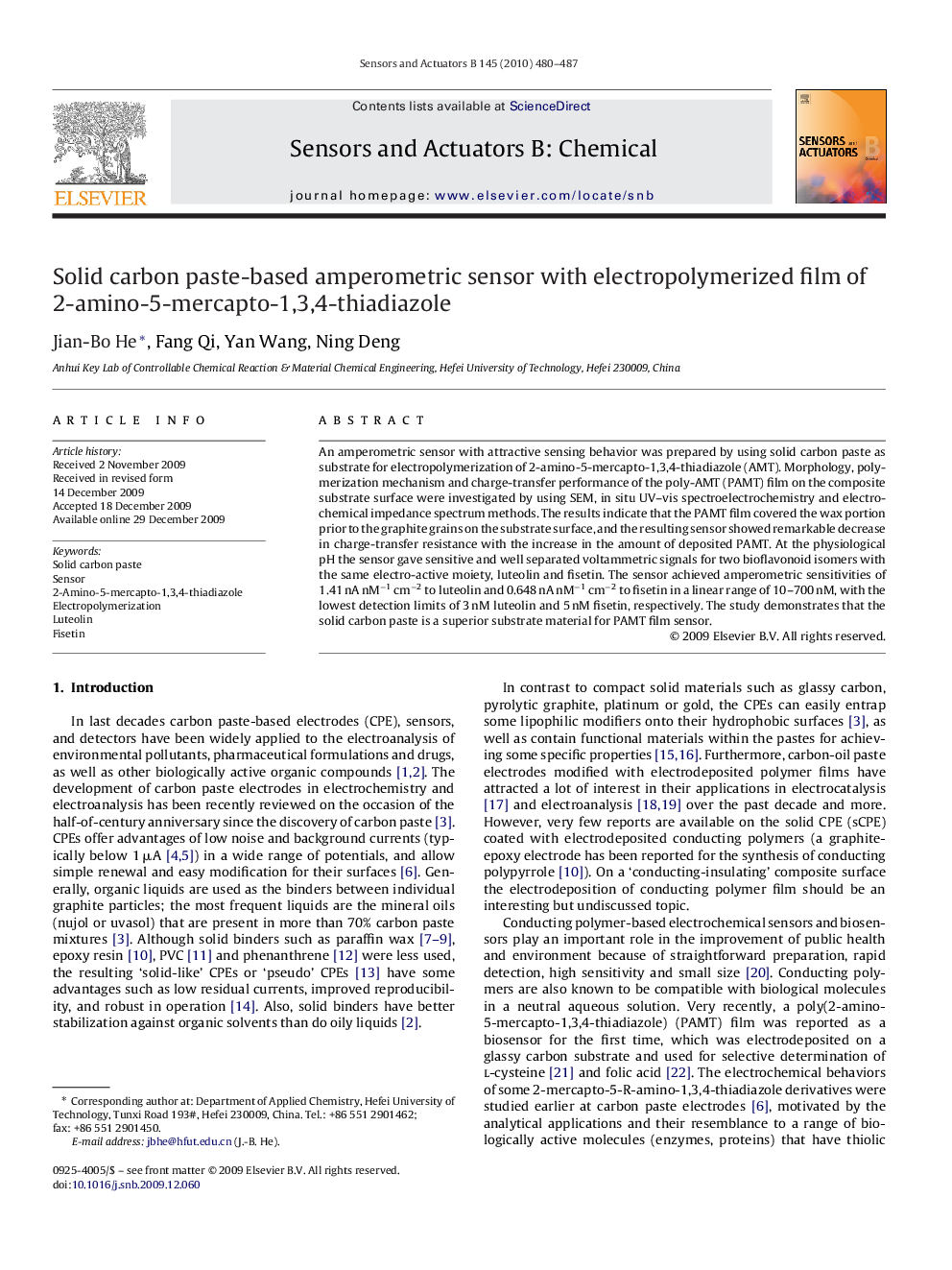 Solid carbon paste-based amperometric sensor with electropolymerized film of 2-amino-5-mercapto-1,3,4-thiadiazole