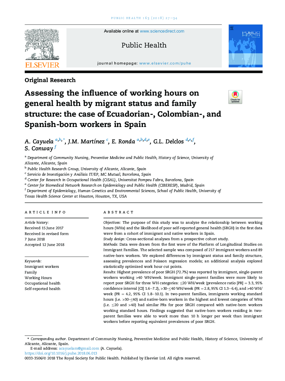 بررسی تأثیر ساعات کار بر سلامت عمومی توسط وضعیت مهاجر و ساختار خانواده: مورد کارگران اکوادور، کلمبیایی و اسپانیایی در اسپانیا 
