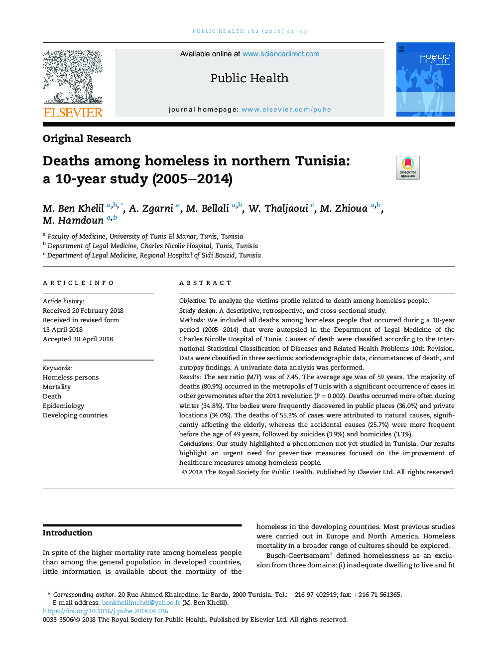 مرگ در میان افراد بی خانمان در شمال تونس: یک مطالعه 10 ساله (2005-2014) 