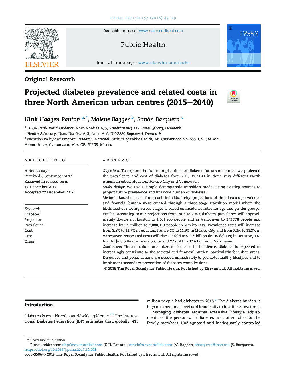 شیوع دیابت پیش بینی شده و هزینه های مربوط به آن در سه مرکز شهری آمریکای شمالی (2040-2015) 
