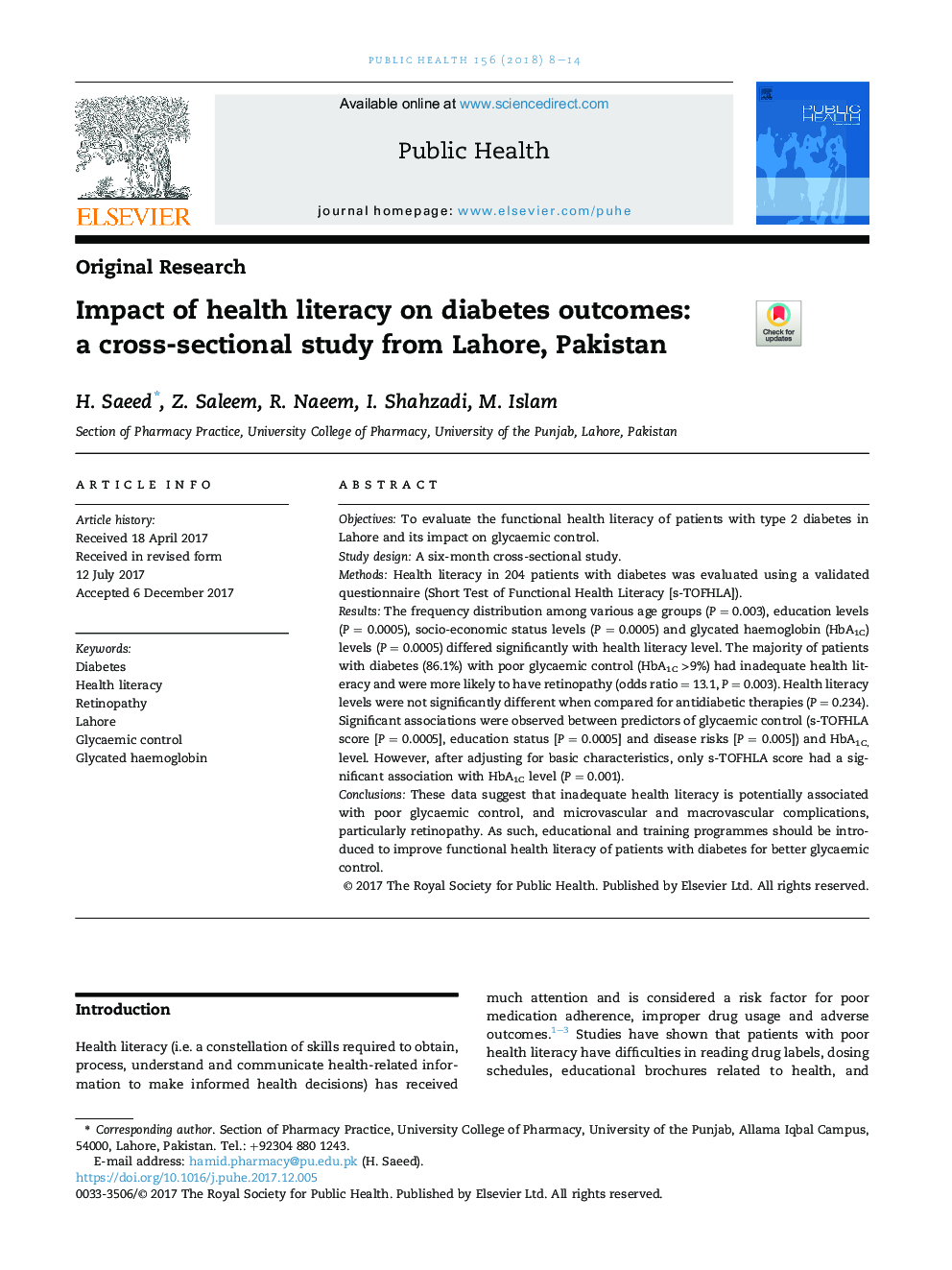 تاثیر سواد بهداشتی بر نتایج دیابت: یک مطالعه مقطعی از لاهور، پاکستان 