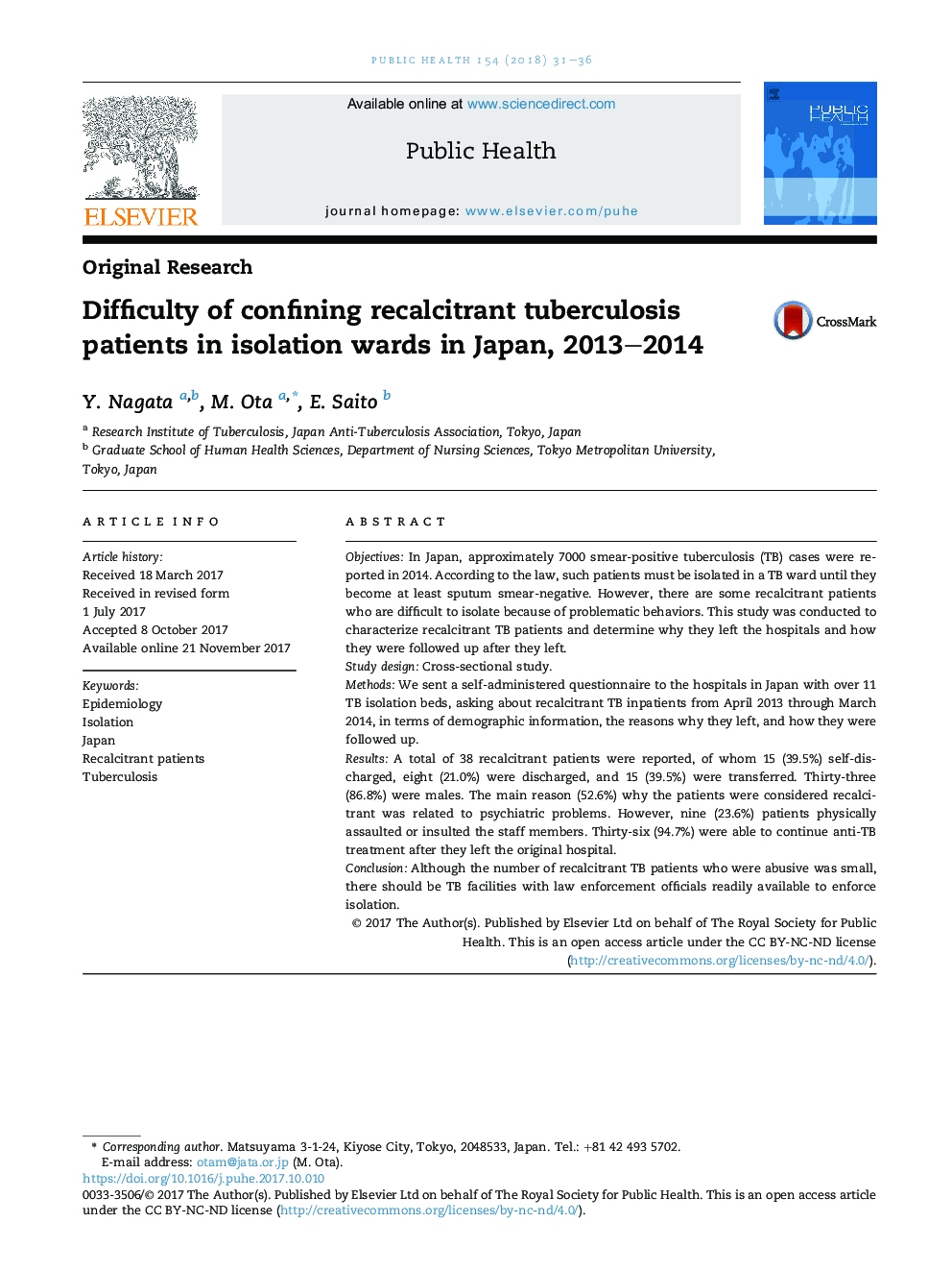 دشواری محدود کردن بیماران سل خارج رحمی در بخش های انزوا در ژاپن، 2013-2014 