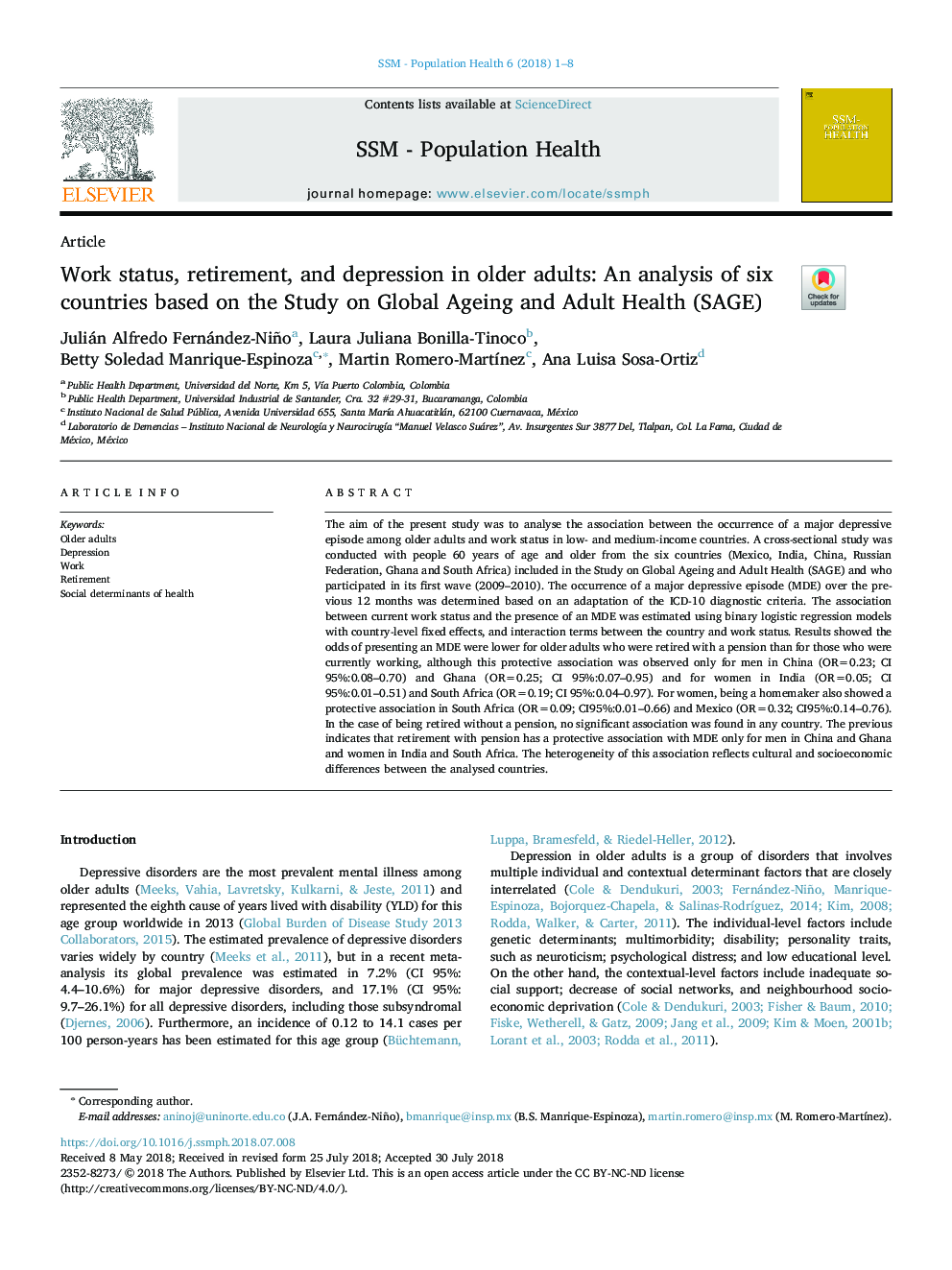 Work status, retirement, and depression in older adults: An analysis of six countries based on the Study on Global Ageing and Adult Health (SAGE)