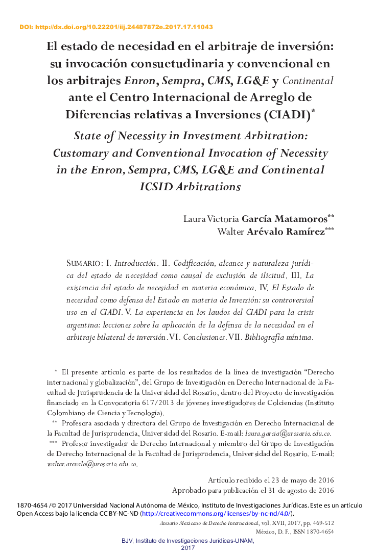 El estado de necesidad en el arbitraje de inversión: su invocación consuetudinaria y convencional en los arbitrajes Enron, Sempra, CMS, LG&E y Continental ante el Centro Internacional de Arreglo de Diferencias relativas a Inversiones (CIADI)*