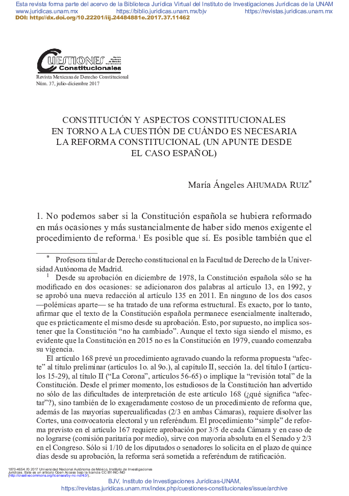 Constitución y aspectos Constitucionales en torno a la cuestión de cuándo es necesaria la reforma Constitucional (un apunte desde el caso español)