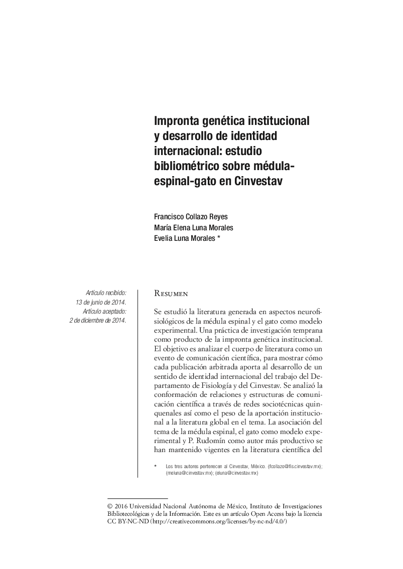 Impronta genética institucional y desarrollo de identidad internacional: estudio bibliométrico sobre médulaespinal-gato en Cinvestav