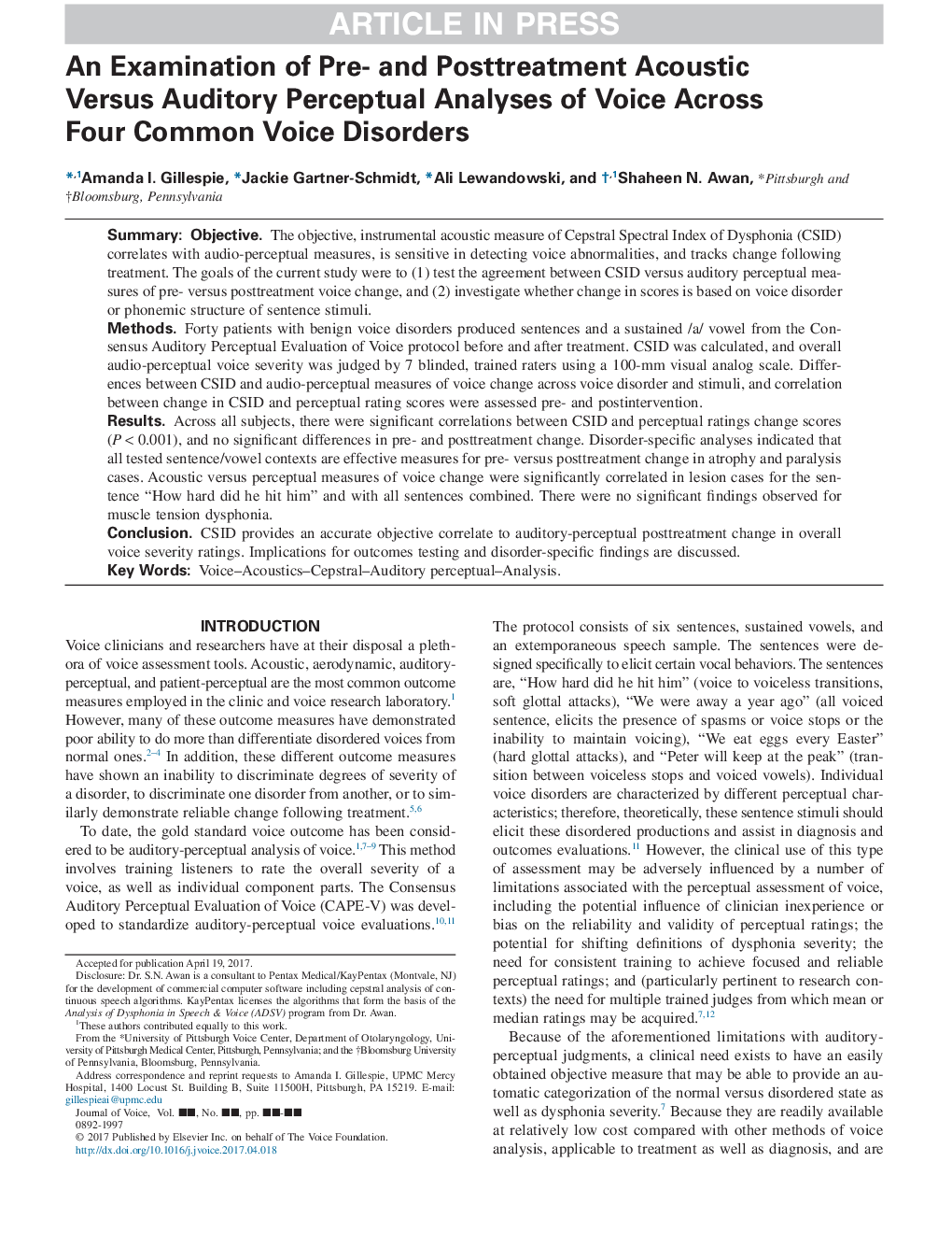 بررسی آکوستیک قبل و بعد از درمان در برابر ادراک شنیداری، تحلیل صدا از طریق چهار اختلال صوتی مشترک 