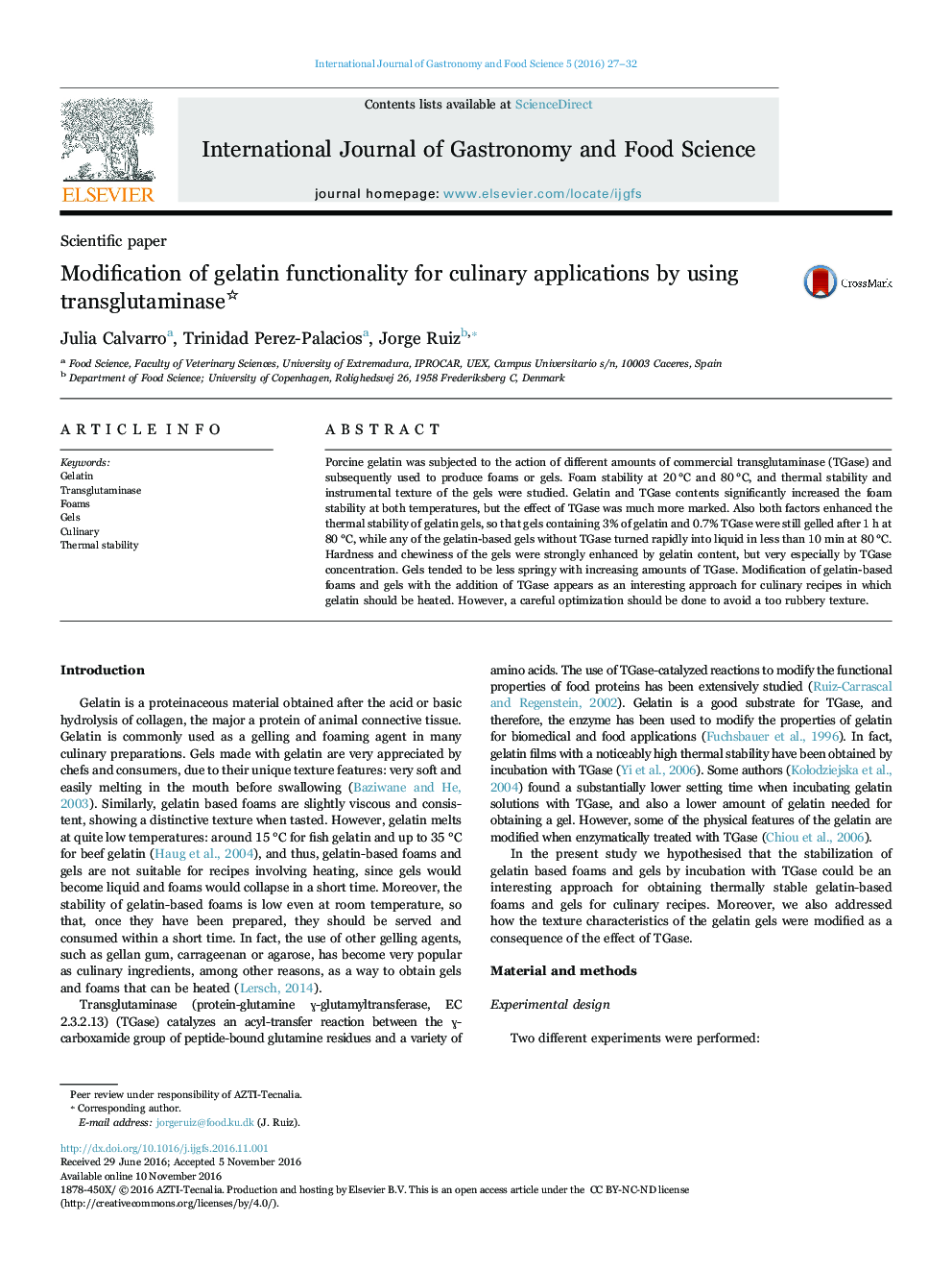 Modification of gelatin functionality for culinary applications by using transglutaminase