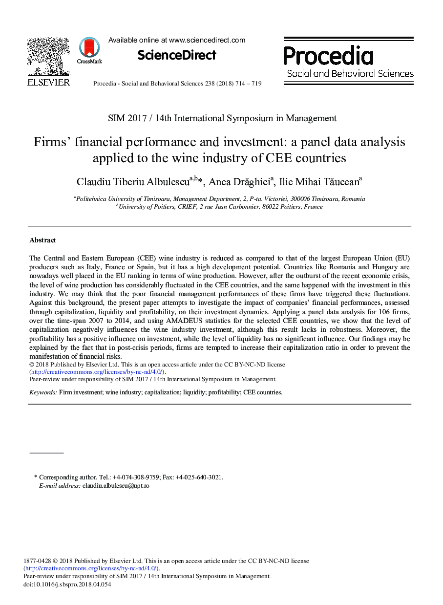 Firms' Financial Performance and Investment: A Panel Data Analysis Applied to the Wine Industry of CEE Countries