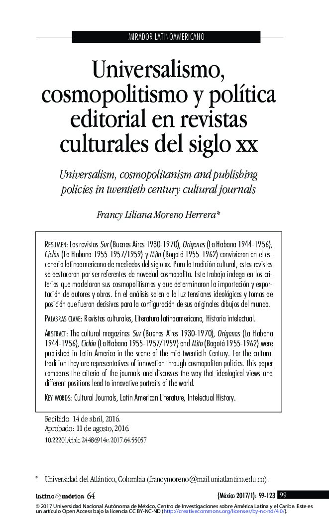 Universalismo, cosmopolitismo y polÃ­tica editorial en revistas culturales del siglo xx