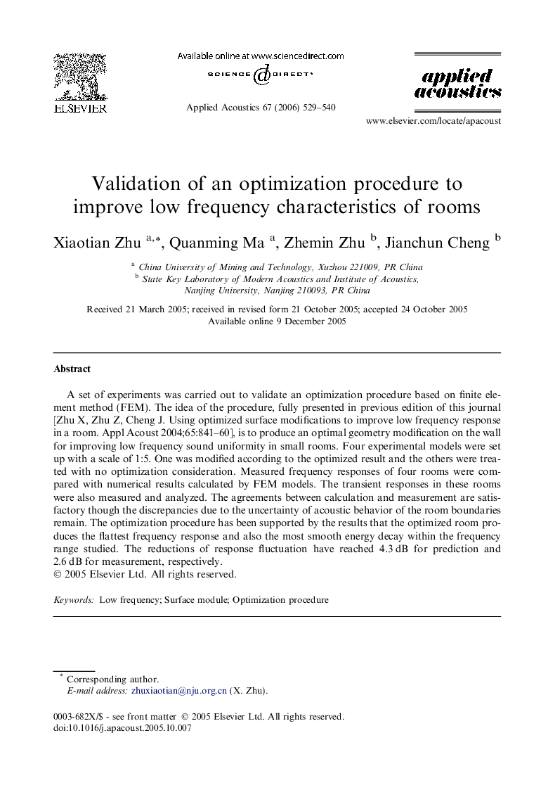 Validation of an optimization procedure to improve low frequency characteristics of rooms