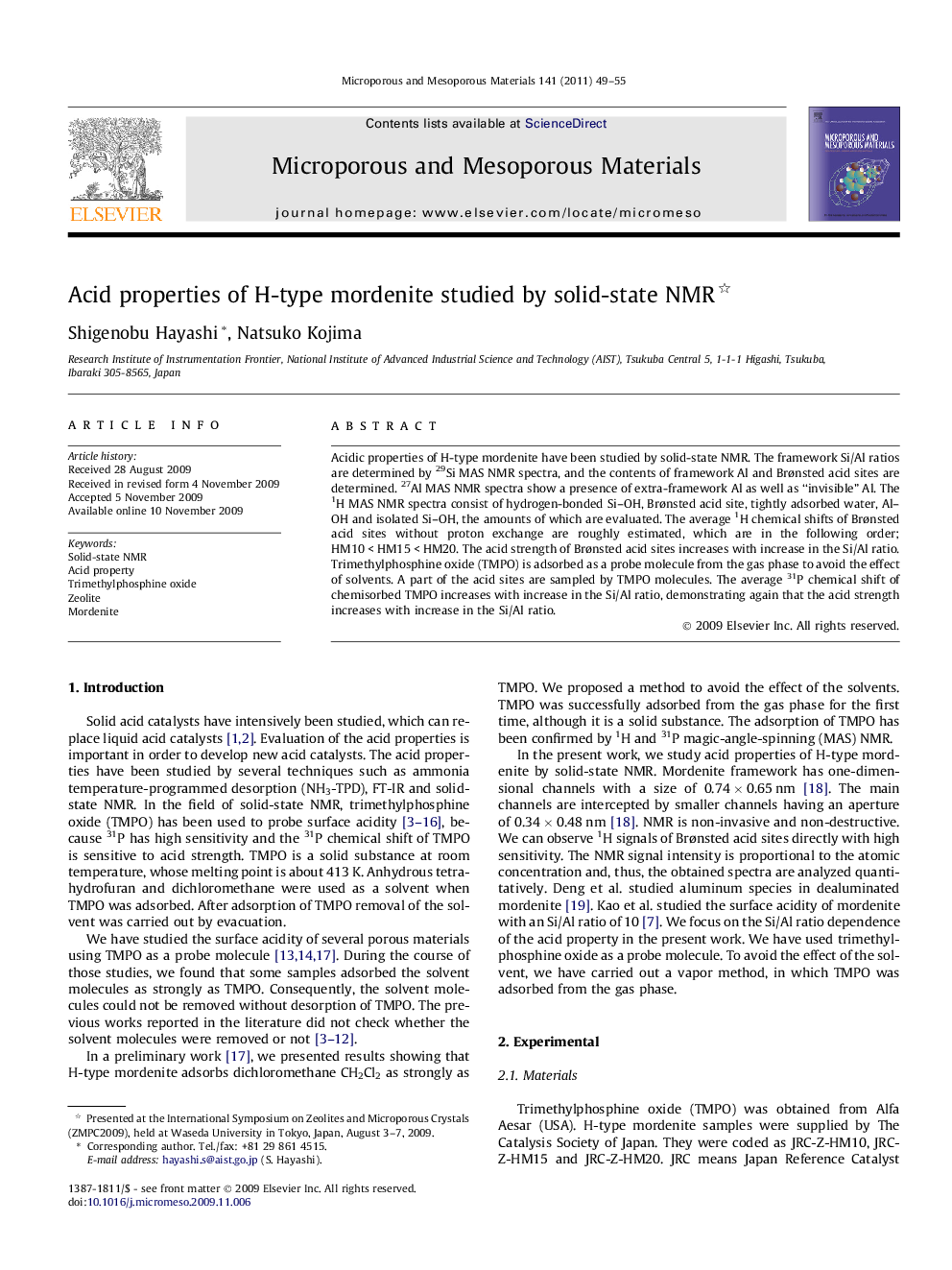Acid properties of H-type mordenite studied by solid-state NMR 