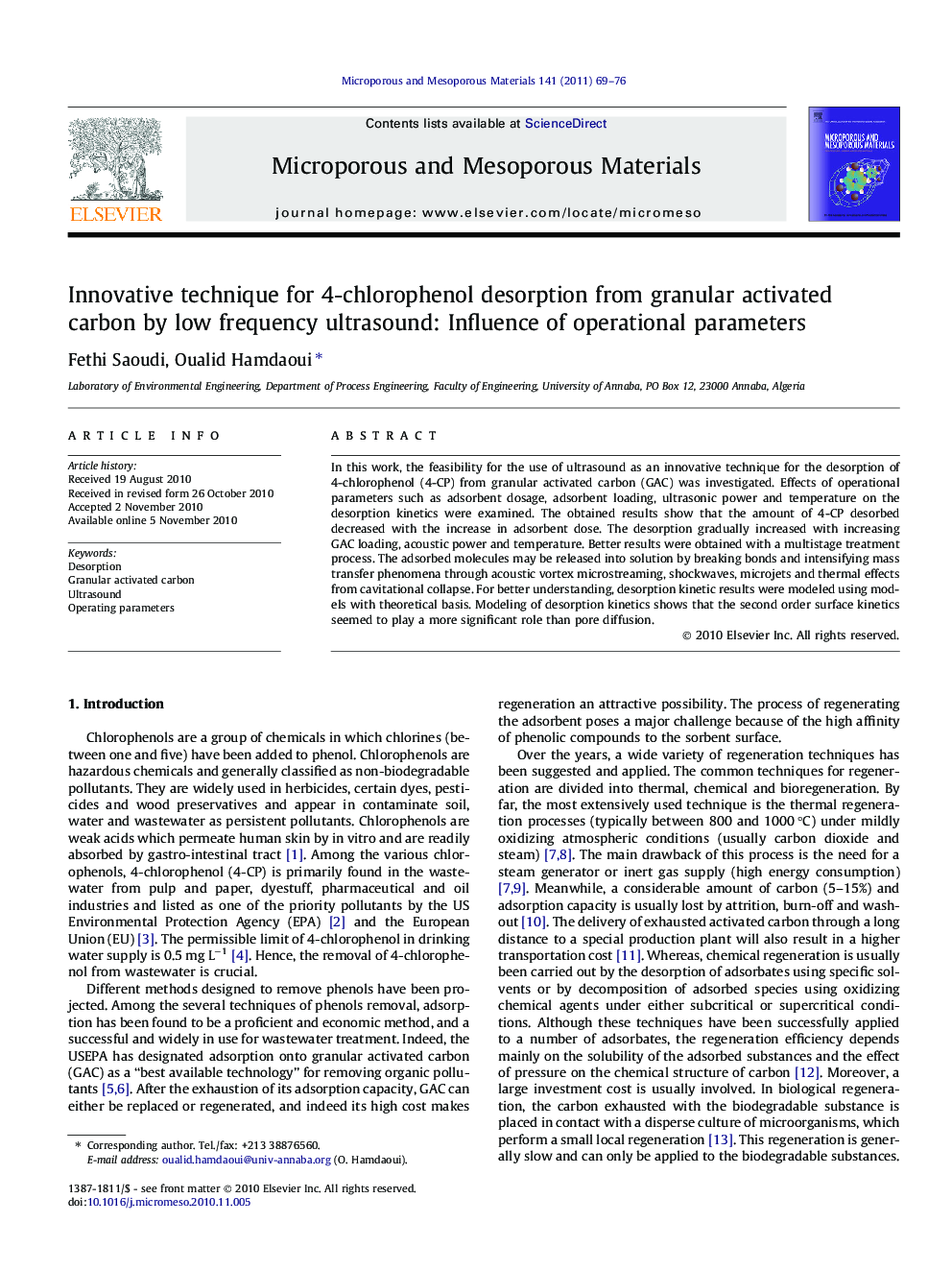 Innovative technique for 4-chlorophenol desorption from granular activated carbon by low frequency ultrasound: Influence of operational parameters