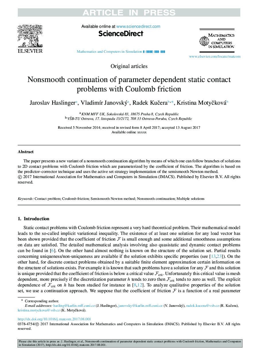 Nonsmooth continuation of parameter dependent static contact problems with Coulomb friction