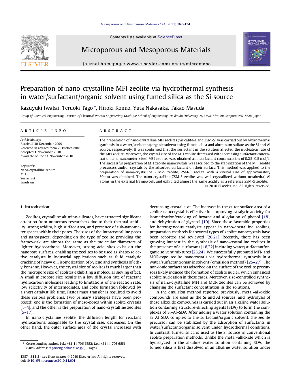 Preparation of nano-crystalline MFI zeolite via hydrothermal synthesis in water/surfactant/organic solvent using fumed silica as the Si source