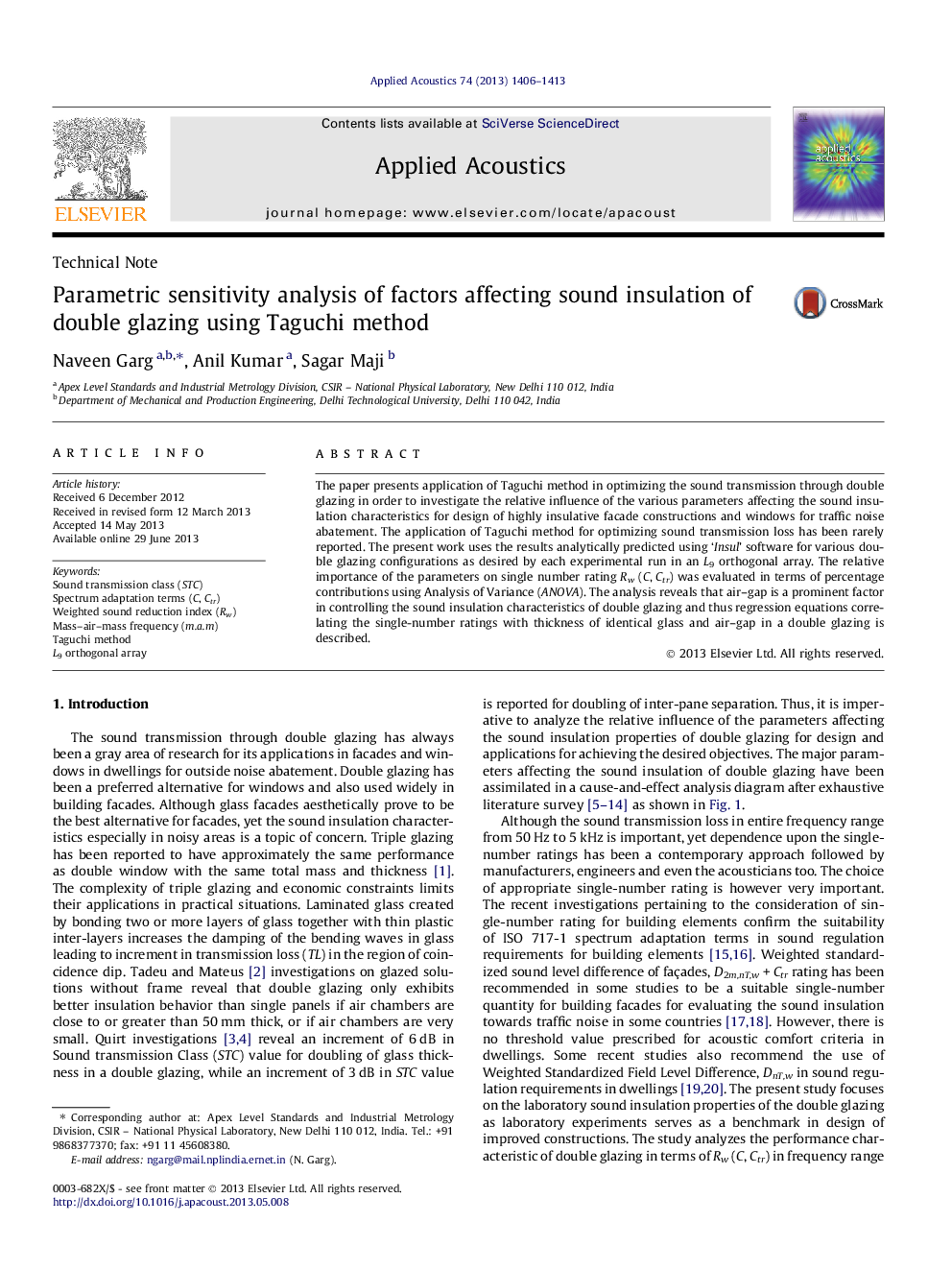 Parametric sensitivity analysis of factors affecting sound insulation of double glazing using Taguchi method