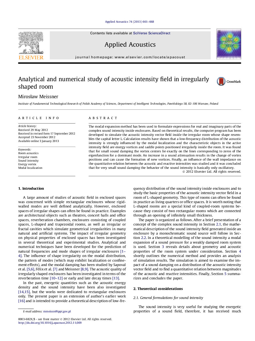 Analytical and numerical study of acoustic intensity field in irregularly shaped room