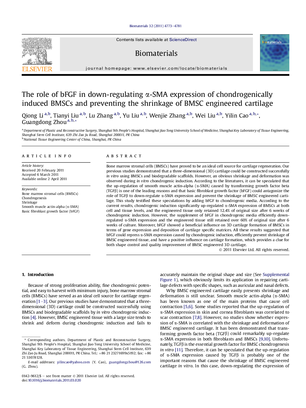 The role of bFGF in down-regulating α-SMA expression of chondrogenically induced BMSCs and preventing the shrinkage of BMSC engineered cartilage