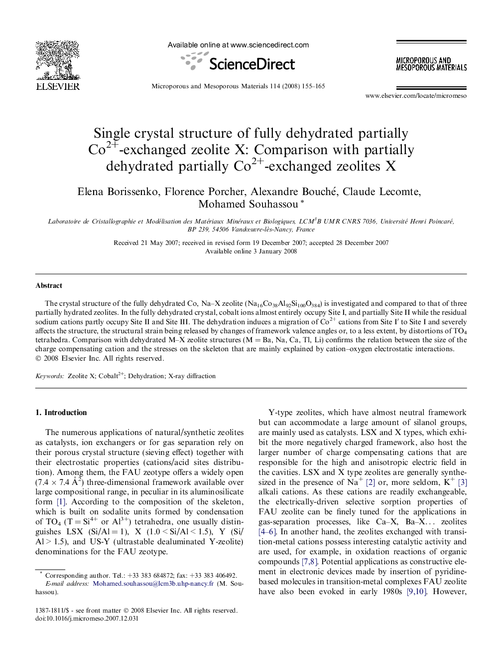 Single crystal structure of fully dehydrated partially Co2+-exchanged zeolite X: Comparison with partially dehydrated partially Co2+-exchanged zeolites X