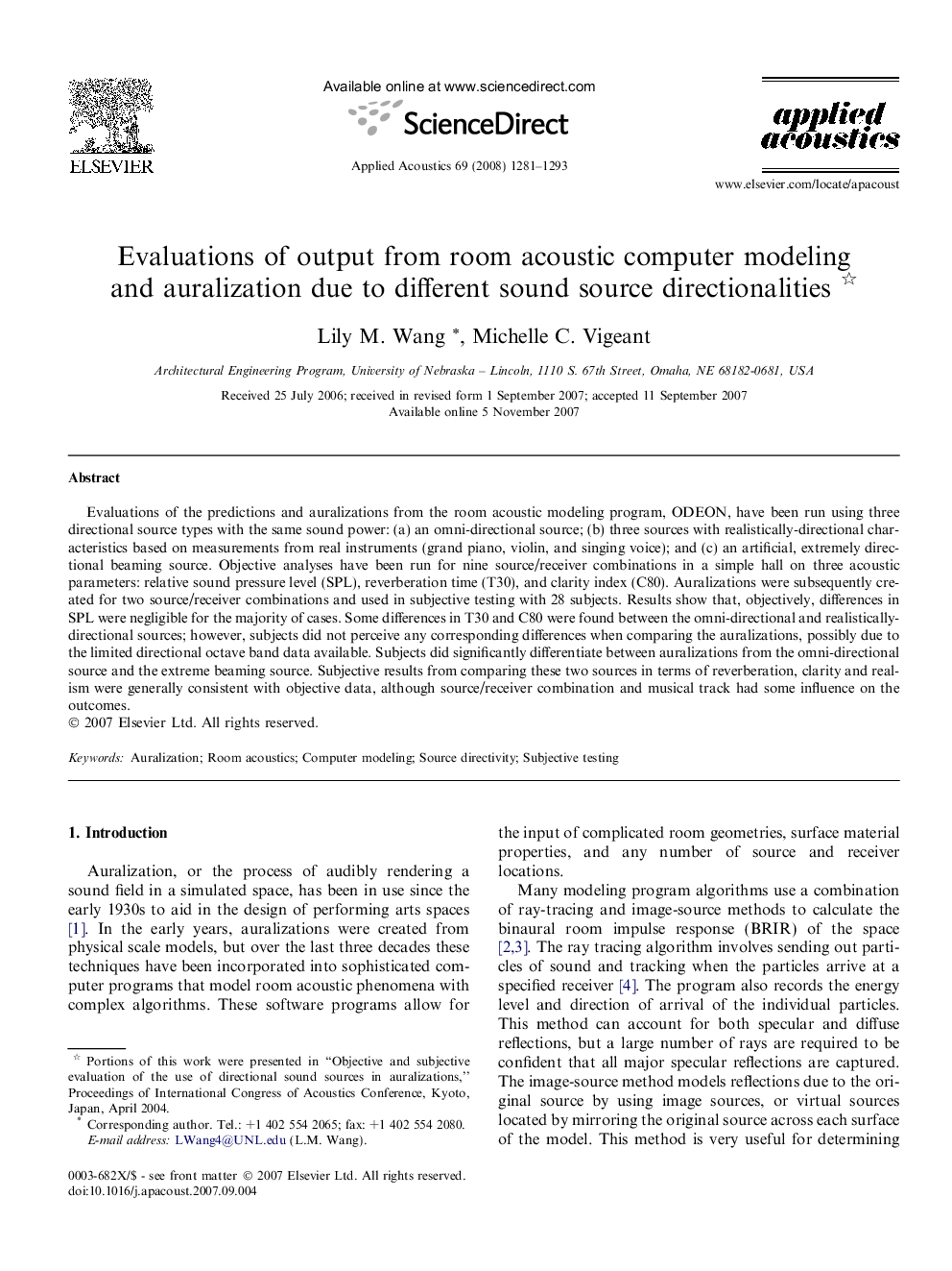 Evaluations of output from room acoustic computer modeling and auralization due to different sound source directionalities 