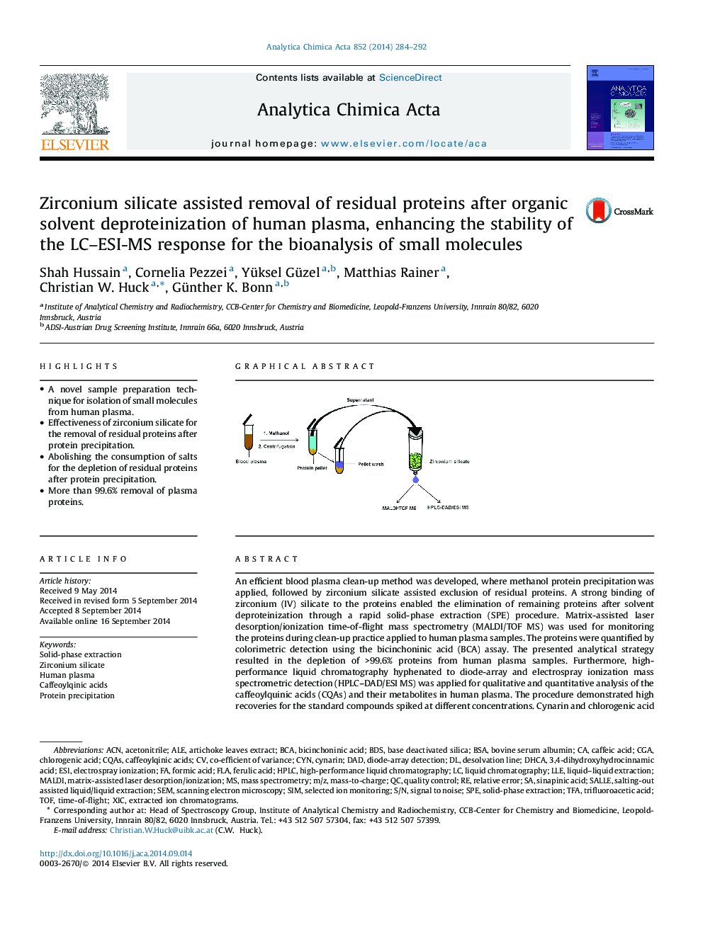 Zirconium silicate assisted removal of residual proteins after organic solvent deproteinization of human plasma, enhancing the stability of the LC-ESI-MS response for the bioanalysis of small molecules