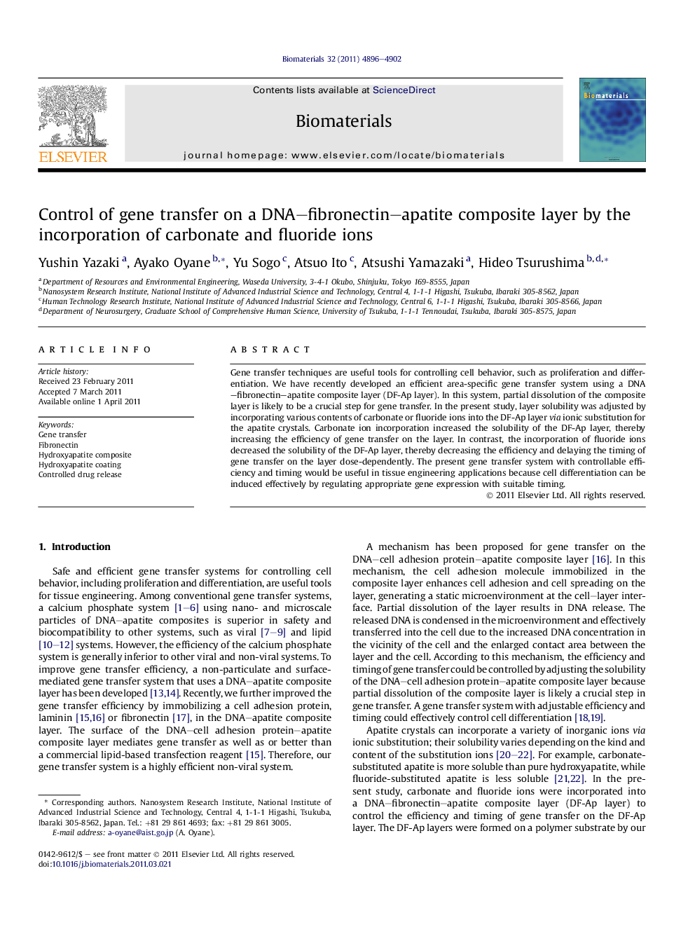 Control of gene transfer on a DNA–fibronectin–apatite composite layer by the incorporation of carbonate and fluoride ions