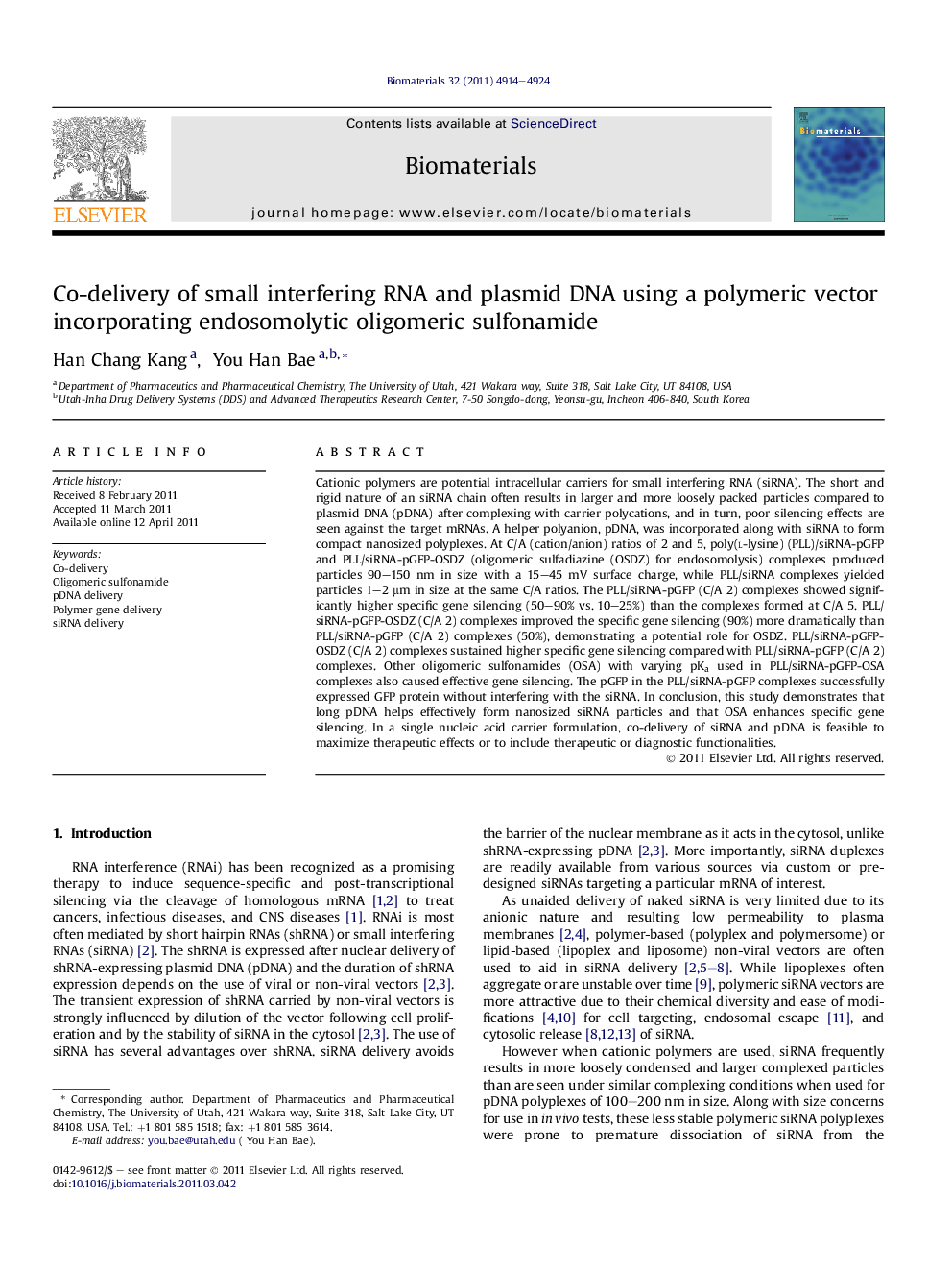 Co-delivery of small interfering RNA and plasmid DNA using a polymeric vector incorporating endosomolytic oligomeric sulfonamide