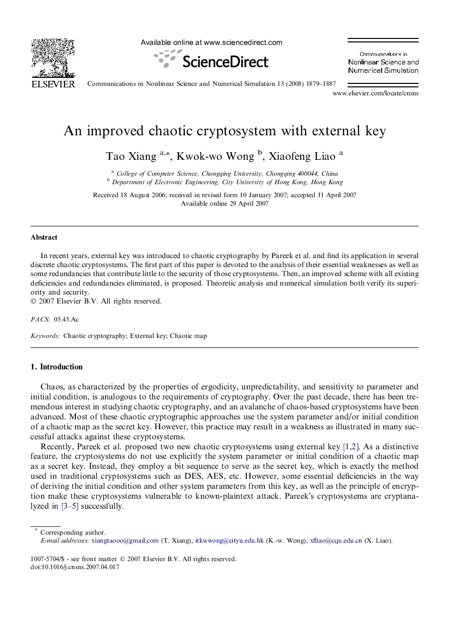 An improved chaotic cryptosystem with external key
