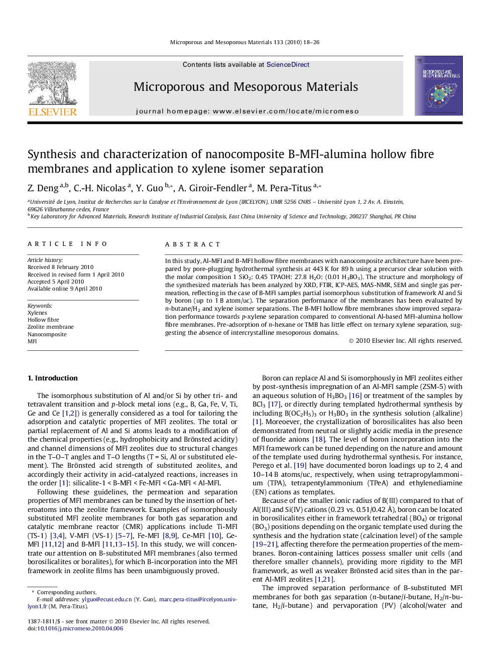 Synthesis and characterization of nanocomposite B-MFI-alumina hollow fibre membranes and application to xylene isomer separation