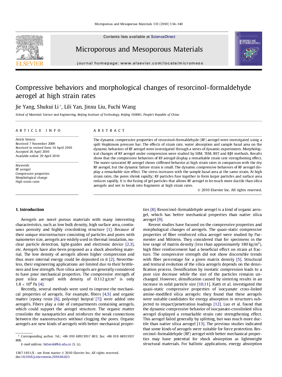 Compressive behaviors and morphological changes of resorcinol–formaldehyde aerogel at high strain rates
