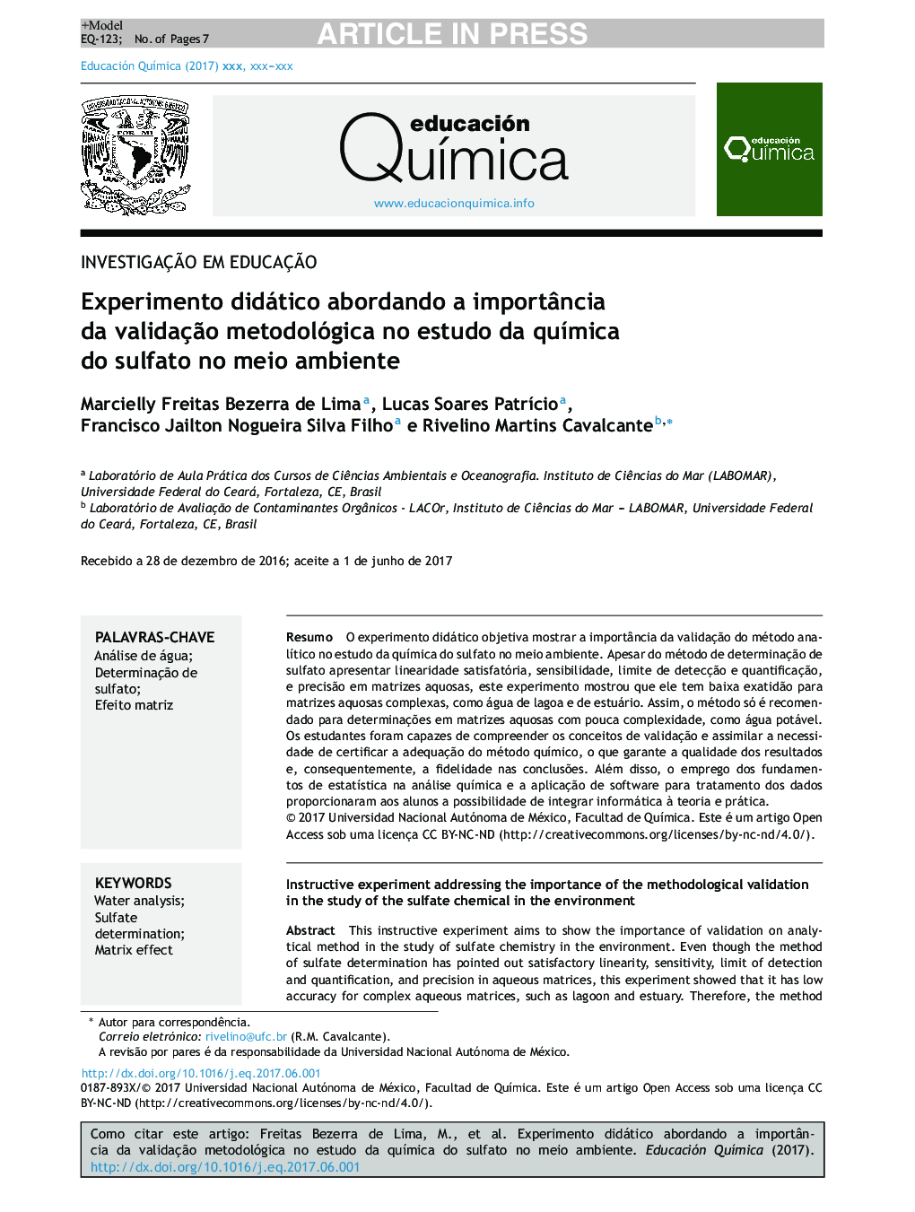 Experimento didático abordando a importÃ¢ncia da validaçÃ£o metodológica no estudo da quÃ­mica do sulfato no meio ambiente