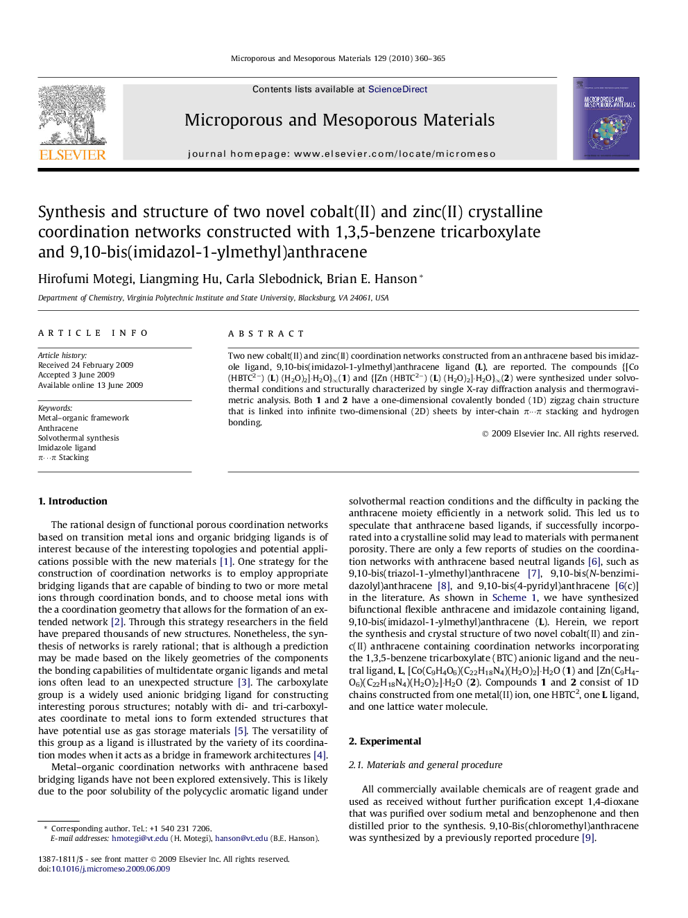 Synthesis and structure of two novel cobalt(II) and zinc(II) crystalline coordination networks constructed with 1,3,5-benzene tricarboxylate and 9,10-bis(imidazol-1-ylmethyl)anthracene