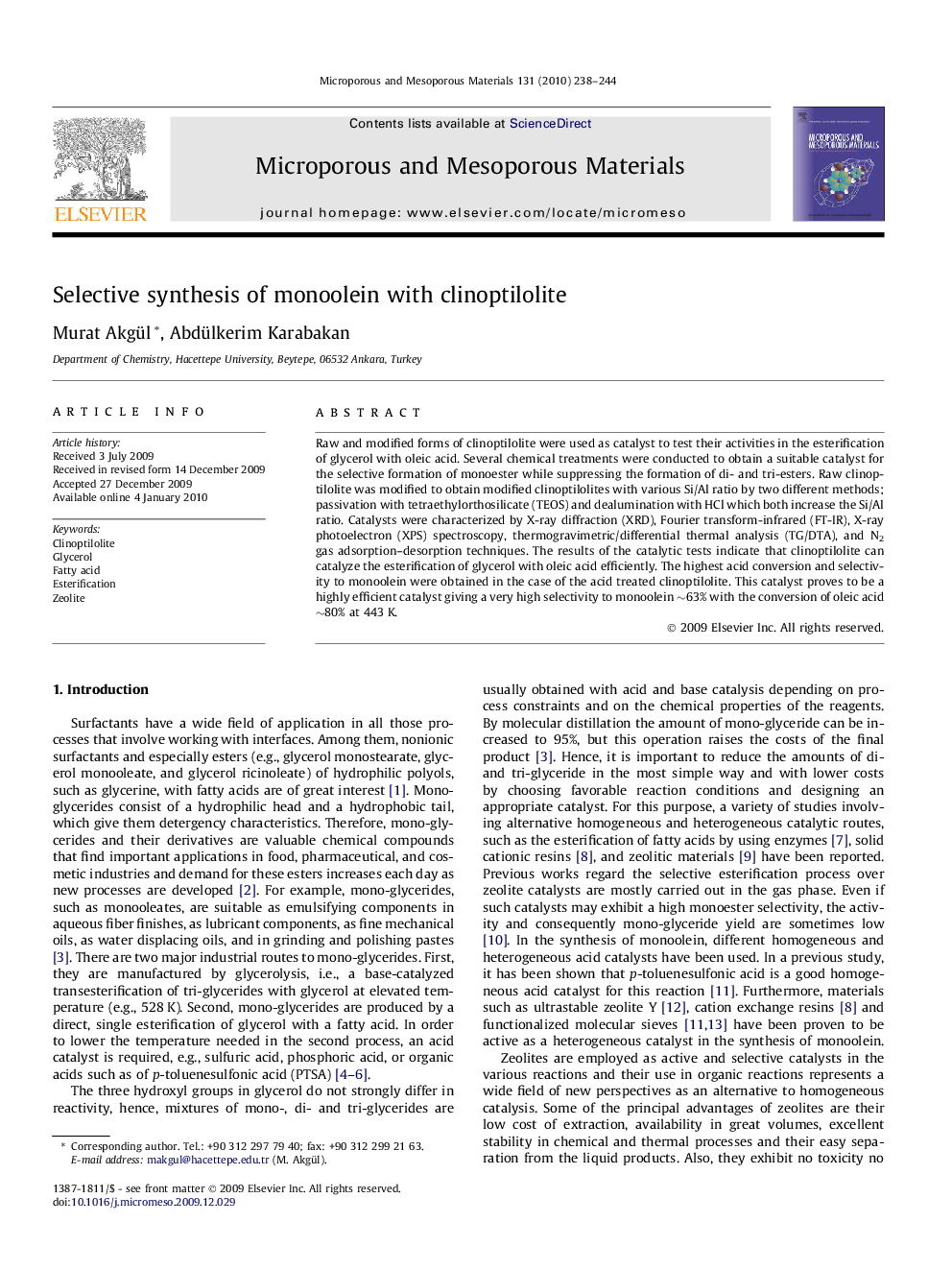 Selective synthesis of monoolein with clinoptilolite