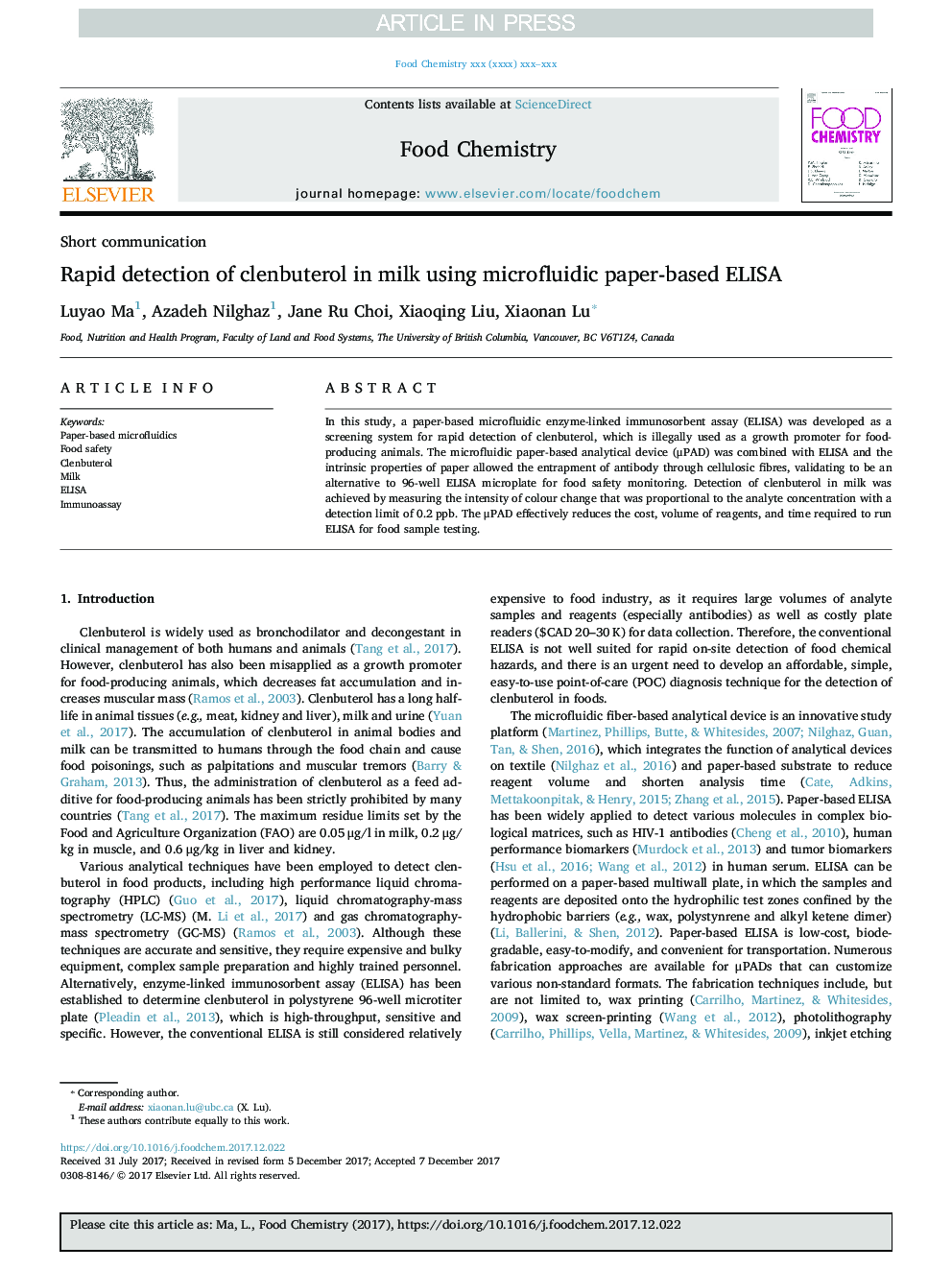 Rapid detection of clenbuterol in milk using microfluidic paper-based ELISA