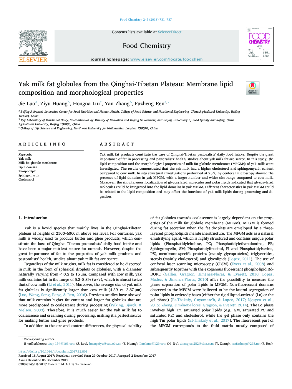 Yak milk fat globules from the Qinghai-Tibetan Plateau: Membrane lipid composition and morphological properties