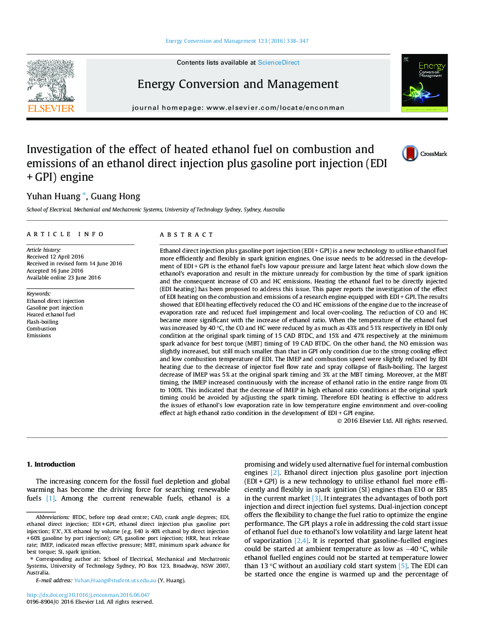 Investigation of the effect of heated ethanol fuel on combustion and emissions of an ethanol direct injection plus gasoline port injection (EDI + GPI) engine