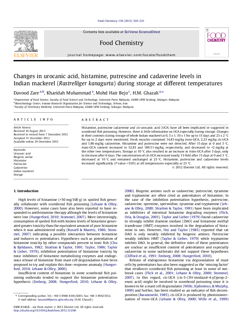 Changes in urocanic acid, histamine, putrescine and cadaverine levels in Indian mackerel (Rastrelliger kanagurta) during storage at different temperatures