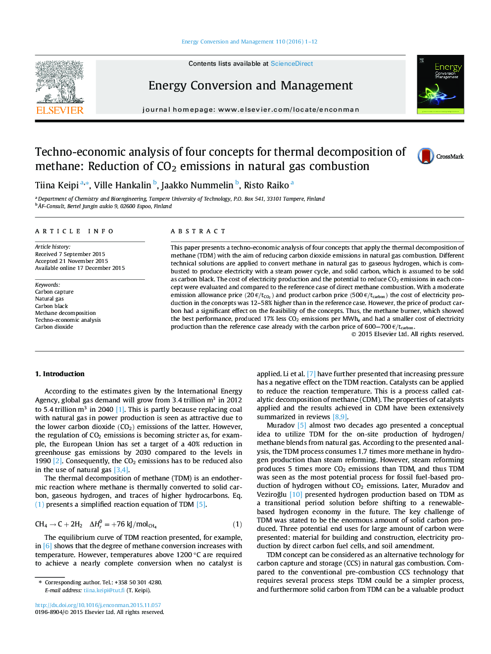 Techno-economic analysis of four concepts for thermal decomposition of methane: Reduction of CO2 emissions in natural gas combustion