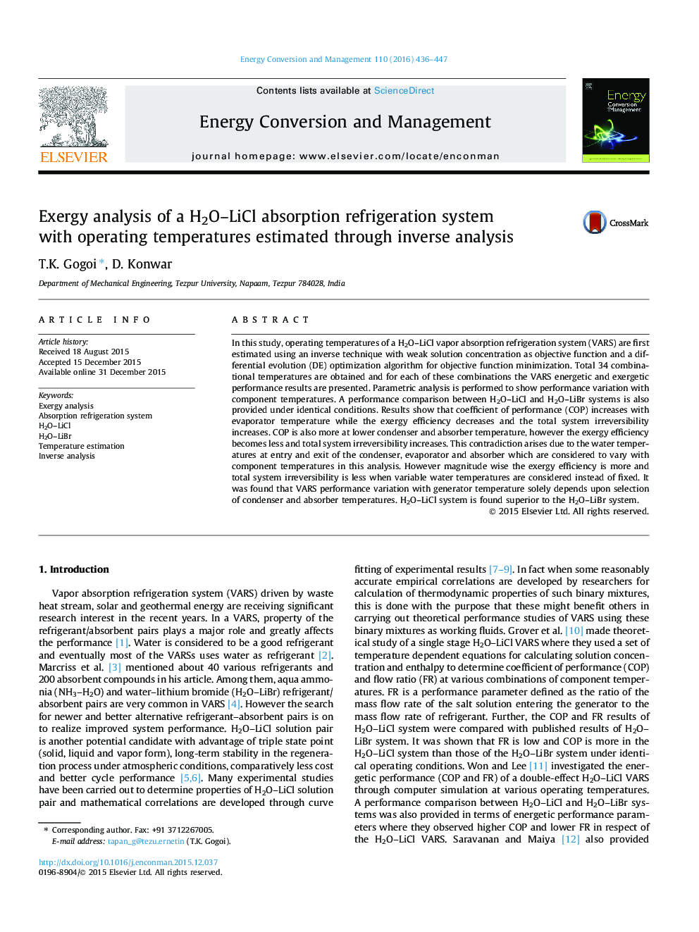 Exergy analysis of a H2O–LiCl absorption refrigeration system with operating temperatures estimated through inverse analysis