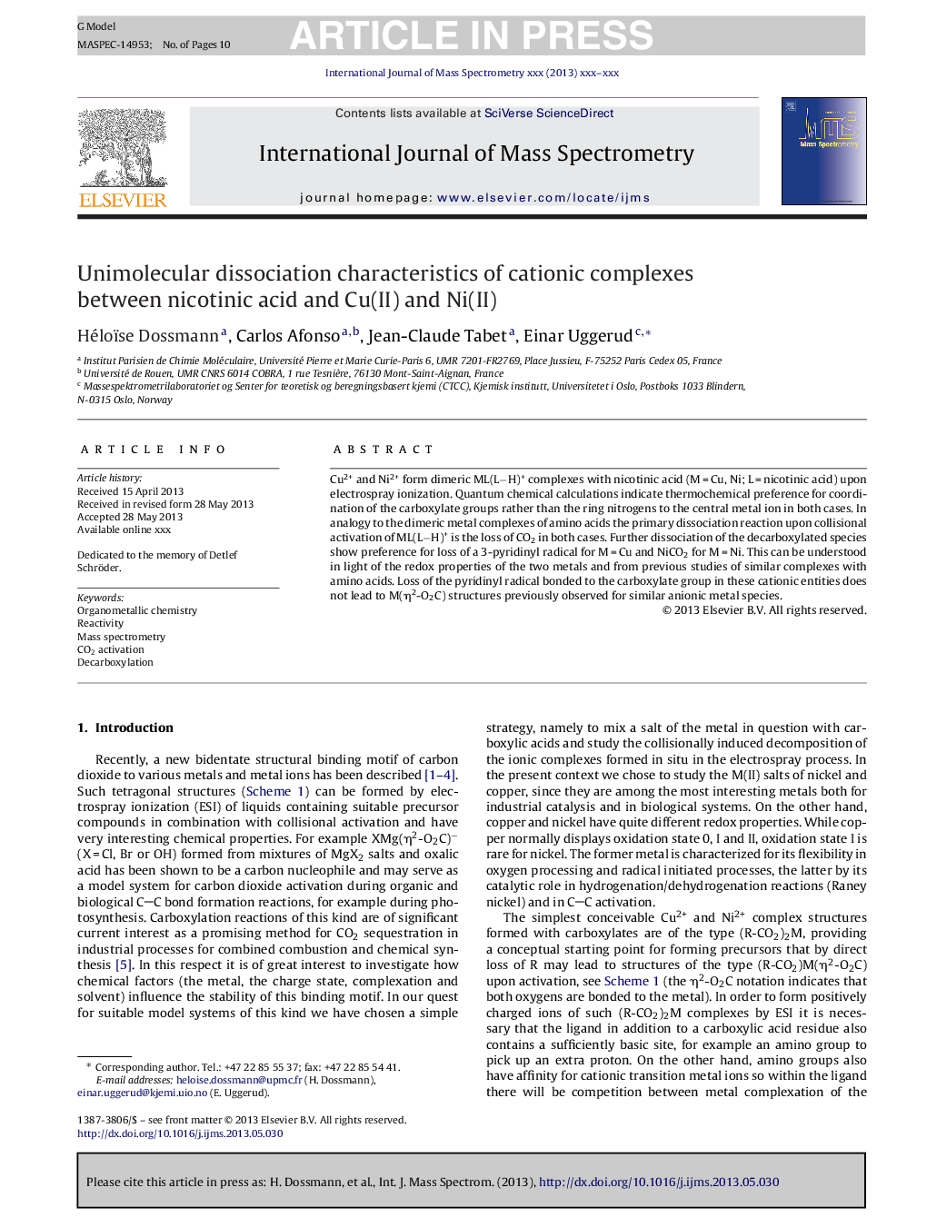 Unimolecular dissociation characteristics of cationic complexes between nicotinic acid and Cu(II) and Ni(II)