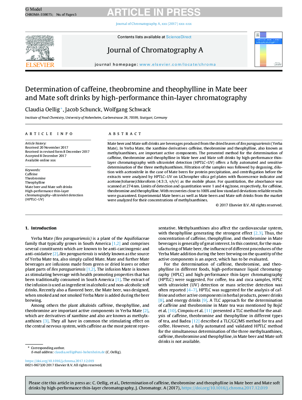تعیین کافئین، تئوباریم و تئوفیلین در نوشابه های ماته و نوشابه های مات با استفاده از کروماتوگرافی نازک با عملکرد بالا 