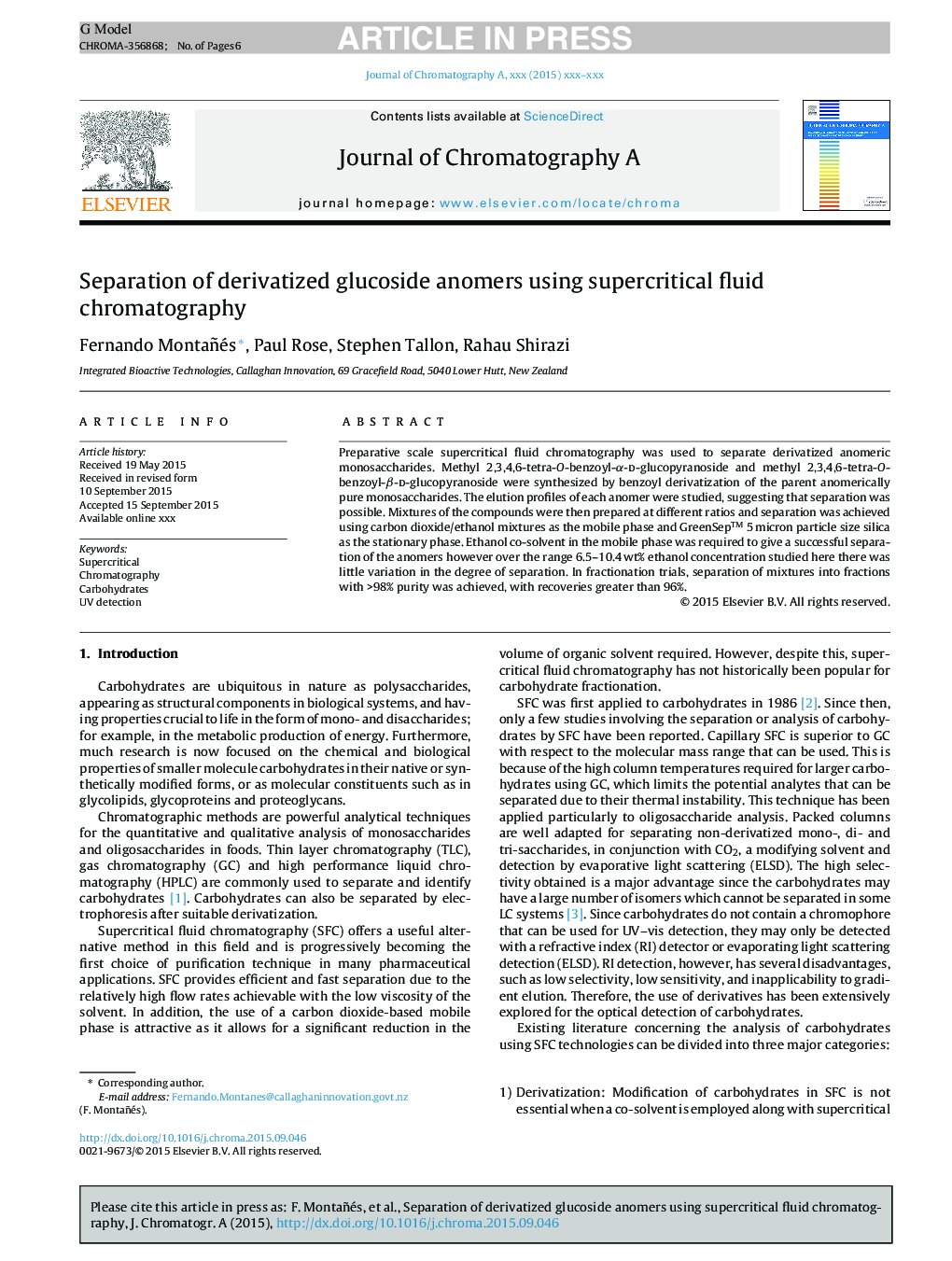 جداسازی آنومرهای گلوکوزید مشتق شده با استفاده از کروماتوگرافی سیال فوق کریتیک 