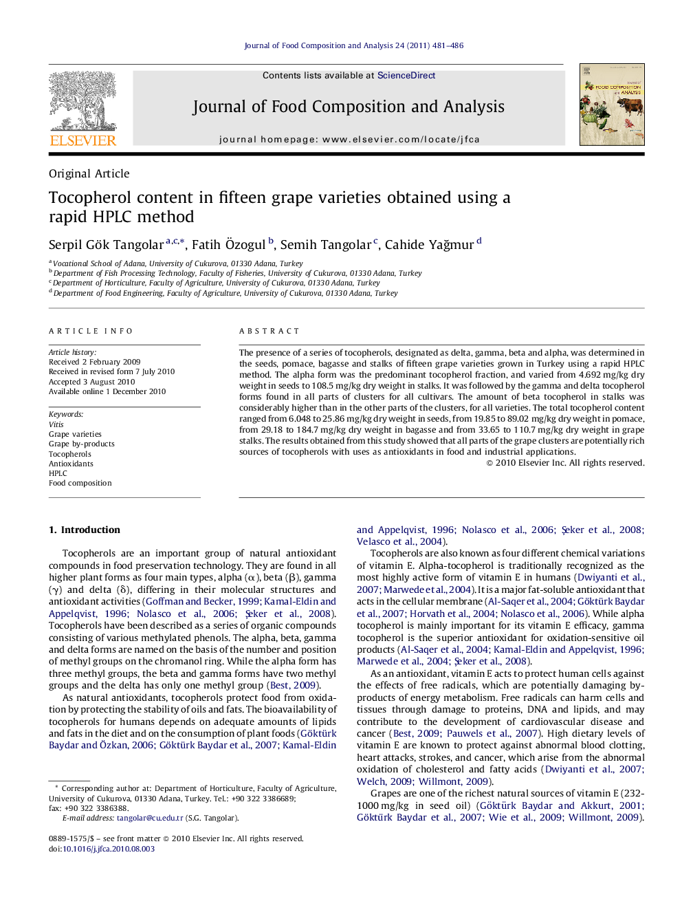 Tocopherol content in fifteen grape varieties obtained using a rapid HPLC method