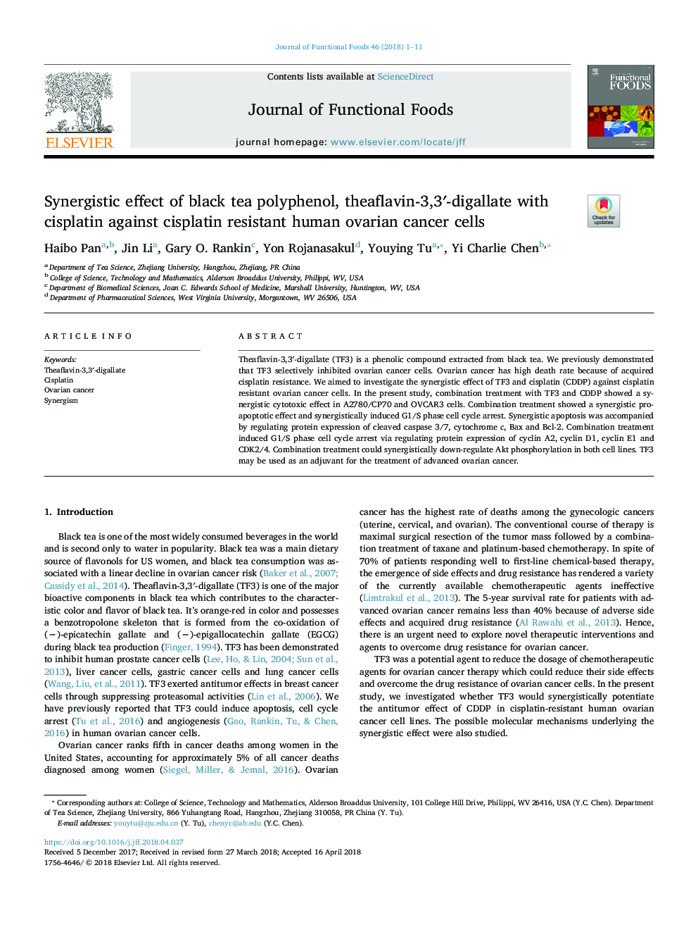 Synergistic effect of black tea polyphenol, theaflavin-3,3â²-digallate with cisplatin against cisplatin resistant human ovarian cancer cells