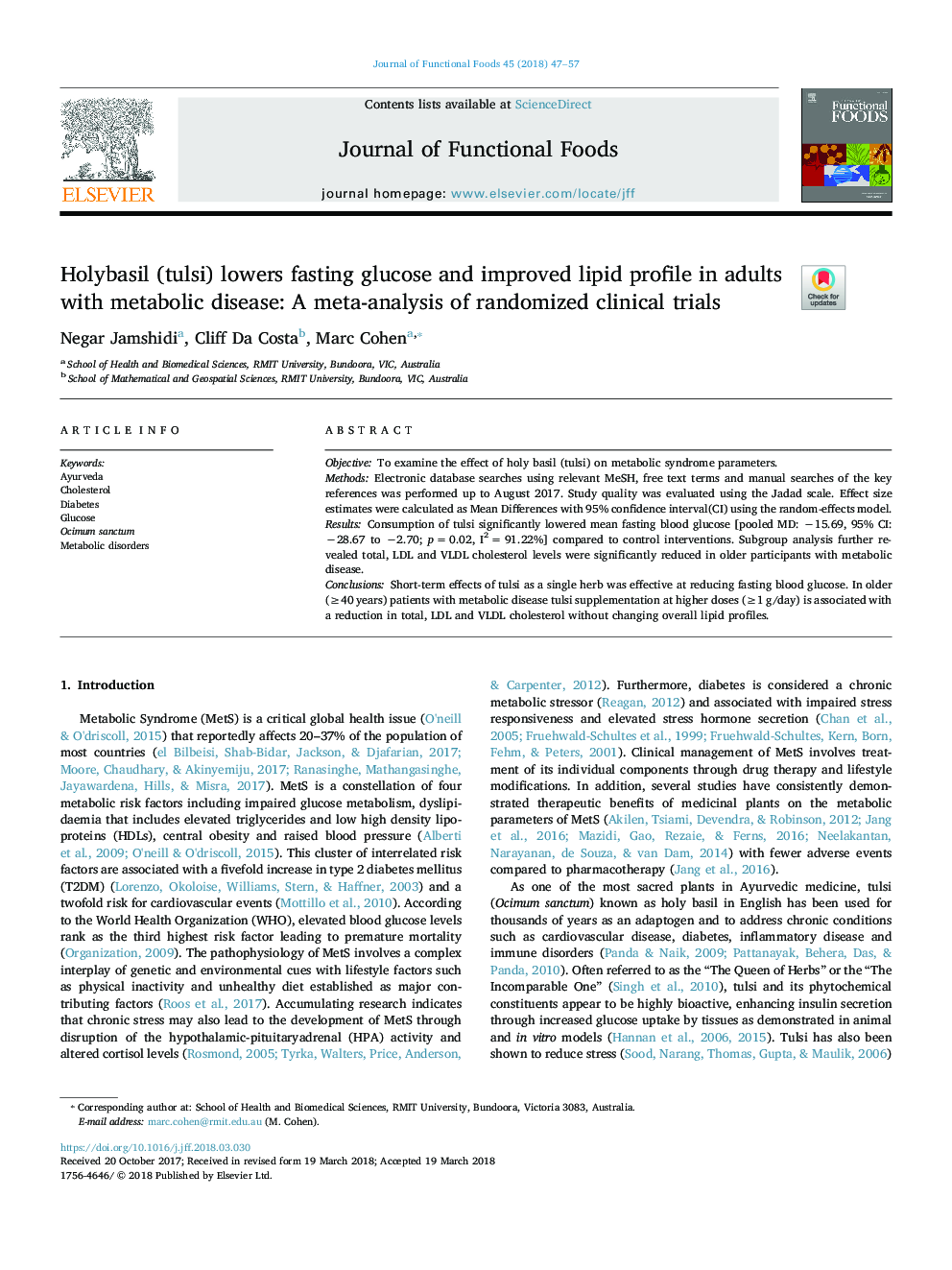 Holybasil (tulsi) lowers fasting glucose and improves lipid profile in adults with metabolic disease: A meta-analysis of randomized clinical trials