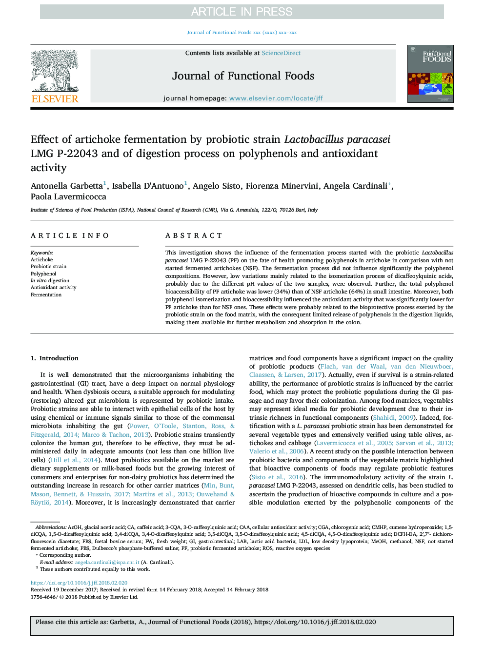 Effect of artichoke fermentation by probiotic strain Lactobacillus paracasei LMG P-22043 and of digestion process on polyphenols and antioxidant activity