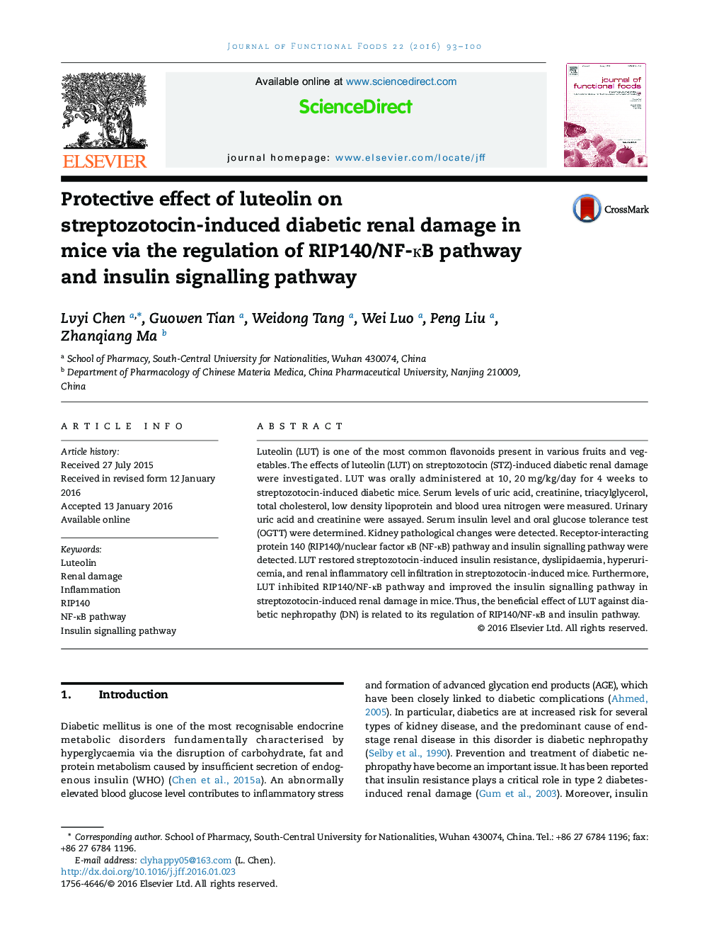 Protective effect of luteolin on streptozotocin-induced diabetic renal damage in mice via the regulation of RIP140/NF-ÐºB pathway and insulin signalling pathway