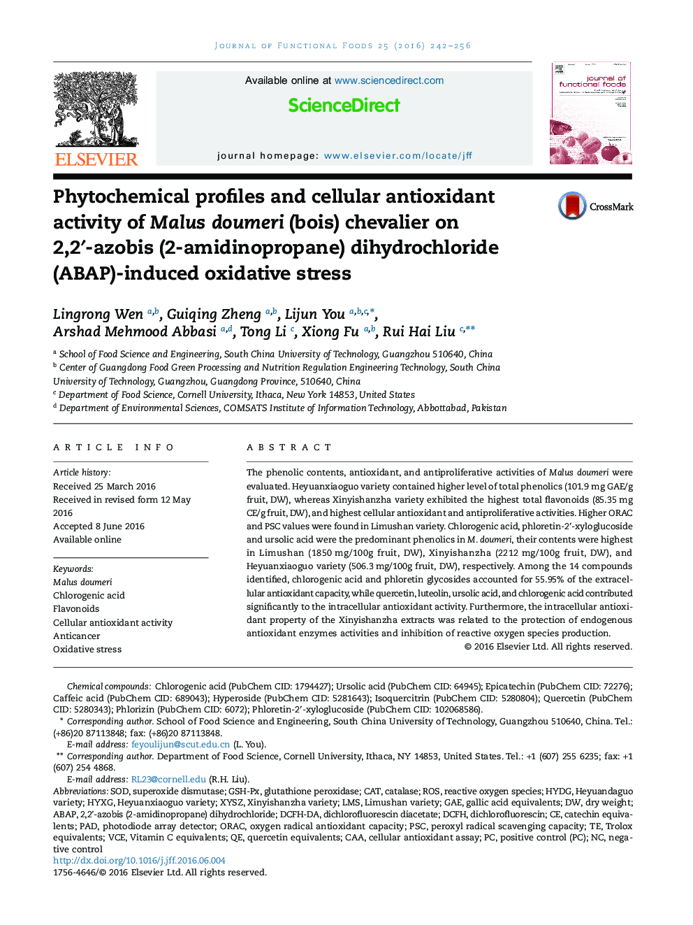 Phytochemical profiles and cellular antioxidant activity of Malus doumeri (bois) chevalier on 2,2â²-azobis (2-amidinopropane) dihydrochloride (ABAP)-induced oxidative stress
