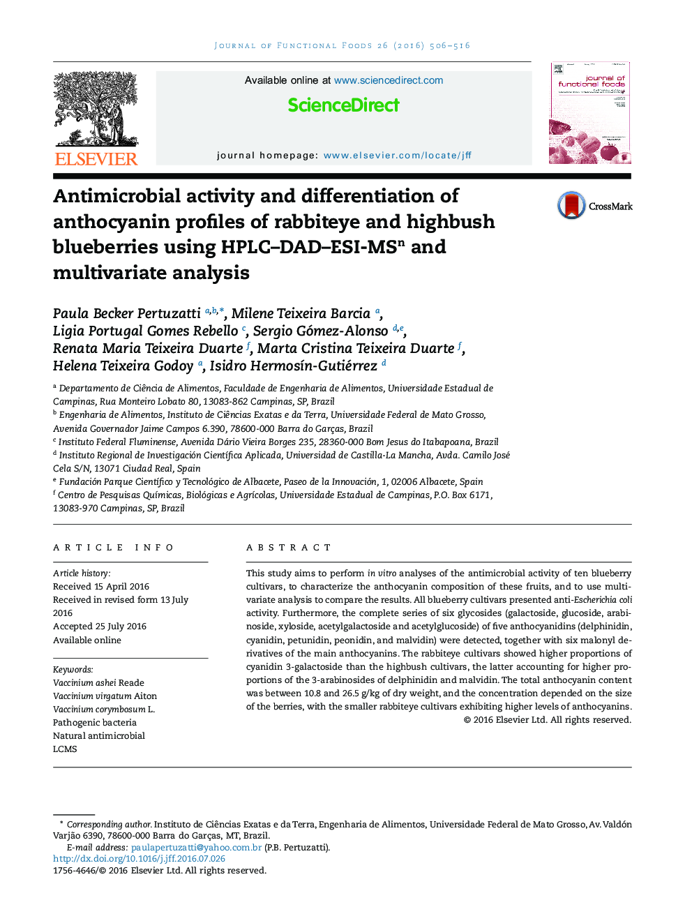 Antimicrobial activity and differentiation of anthocyanin profiles of rabbiteye and highbush blueberries using HPLC-DAD-ESI-MSn and multivariate analysis