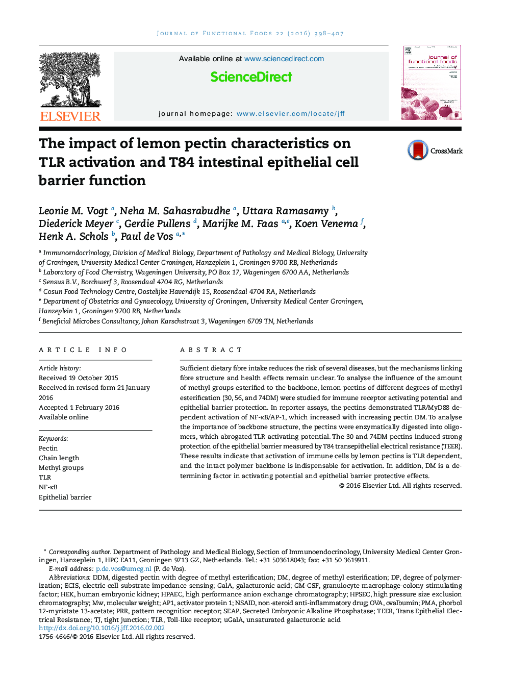 The impact of lemon pectin characteristics on TLR activation and T84 intestinal epithelial cell barrier function